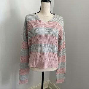 Moral Fiber Striped Knit V-Neck Sweater XL Pink Gray Casual Caged Back Pullover